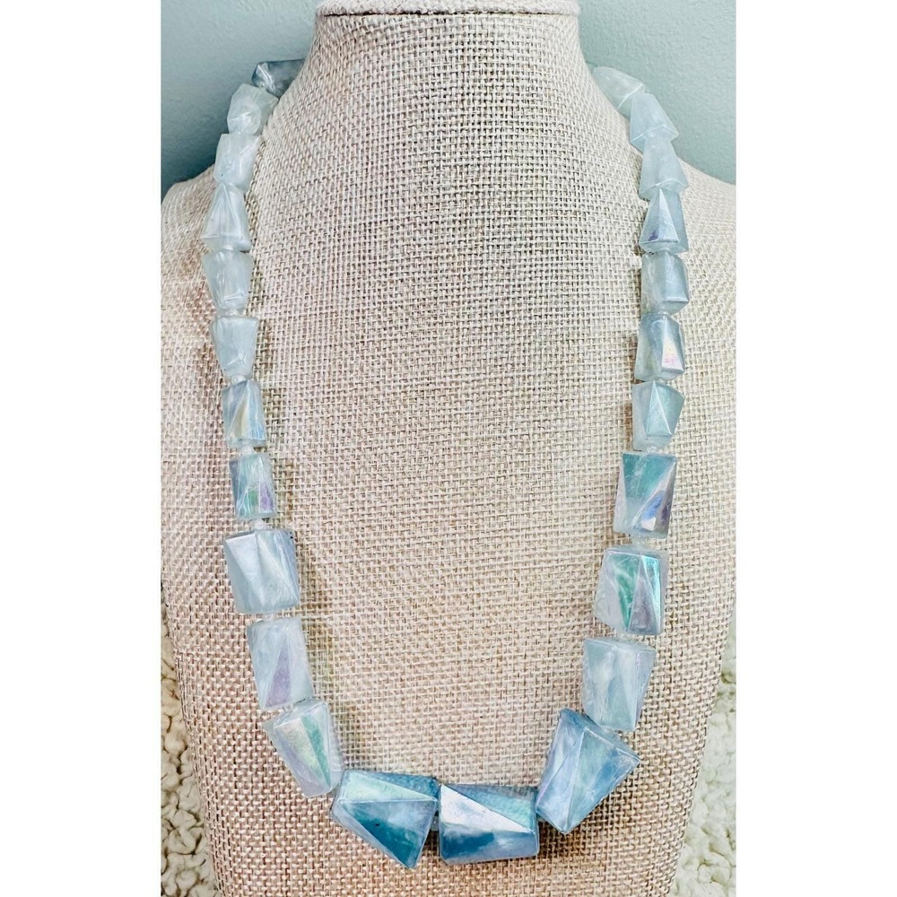 Vintage Austrian Blue Lucite AB Bead Necklace Faceted Geometric Mid Century
